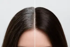 Before and after grey coverage showing root regrowth and full coverage result