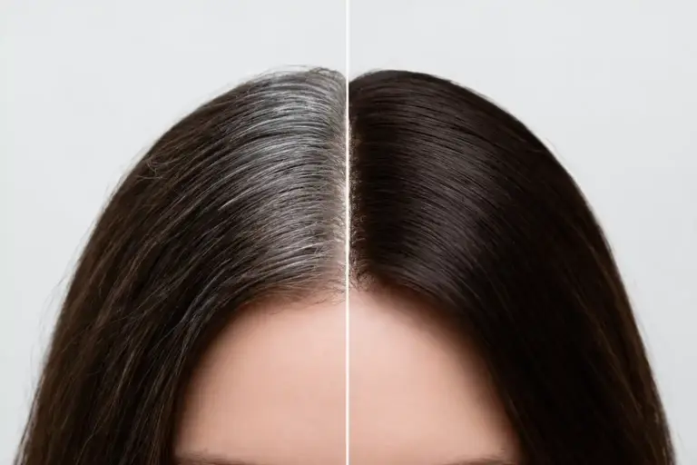 Before and after grey coverage showing root regrowth and full coverage result