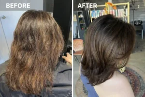 Before and after professional hair color correction showing uneven brassy brown hair transformed into a balanced brunette with improved shine
