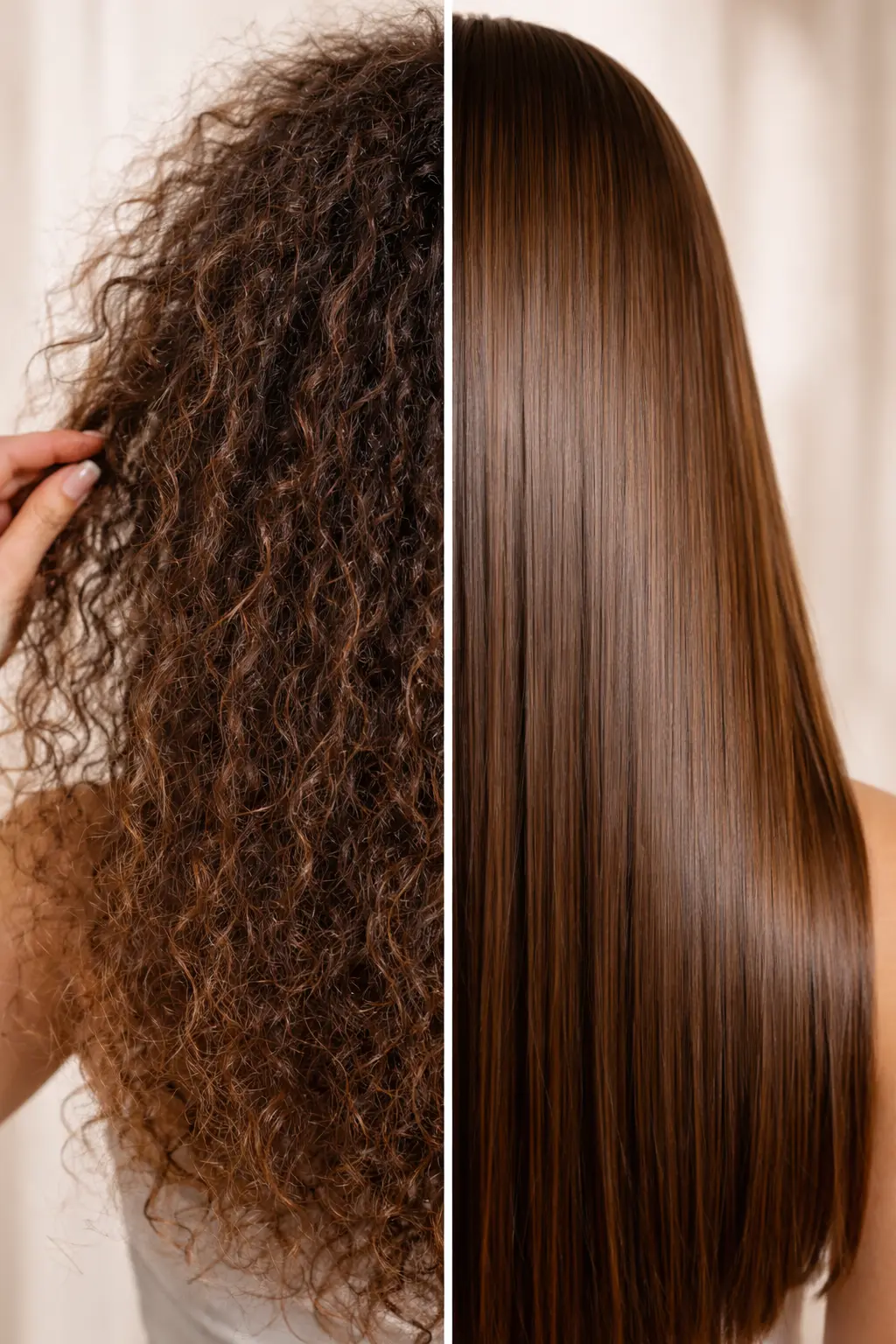 Before and after view of frizzy curly hair transformed into smooth, straight, glossy hair after a texture smoothing treatment.