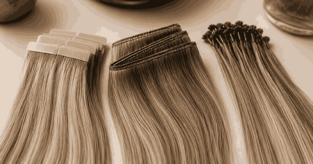 Tape-in extensions, sewn weft extensions, and keratin bond strands displayed side by side.