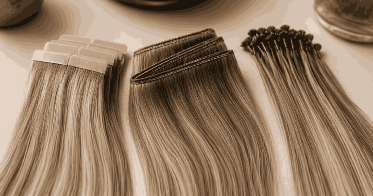 Tape-in extensions, sewn weft extensions, and keratin bond strands displayed side by side.
