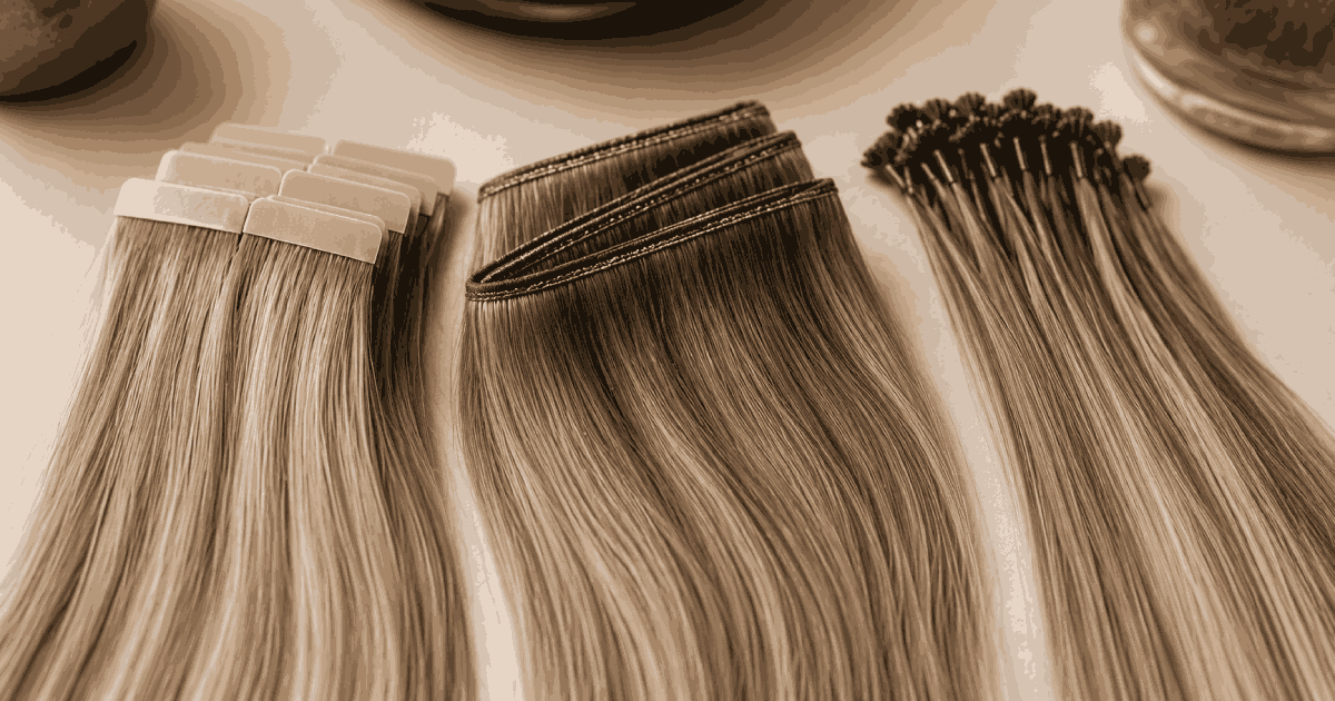 Tape-in extensions, sewn weft extensions, and keratin bond strands displayed side by side.